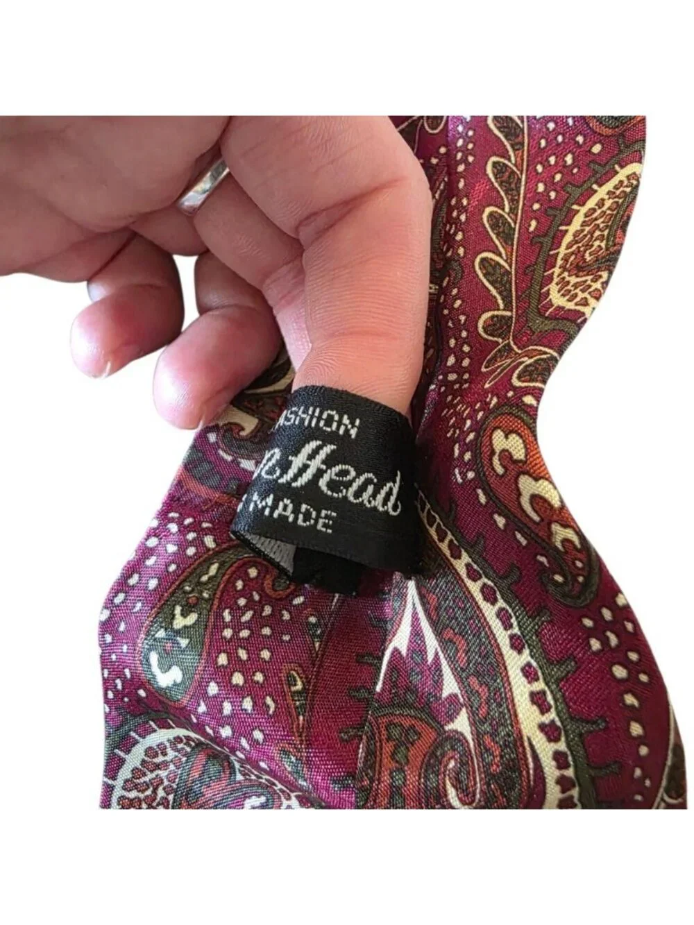 Vintage Indian Head Paisley Necktie Burgundy Red Green Cream Handmade Tie